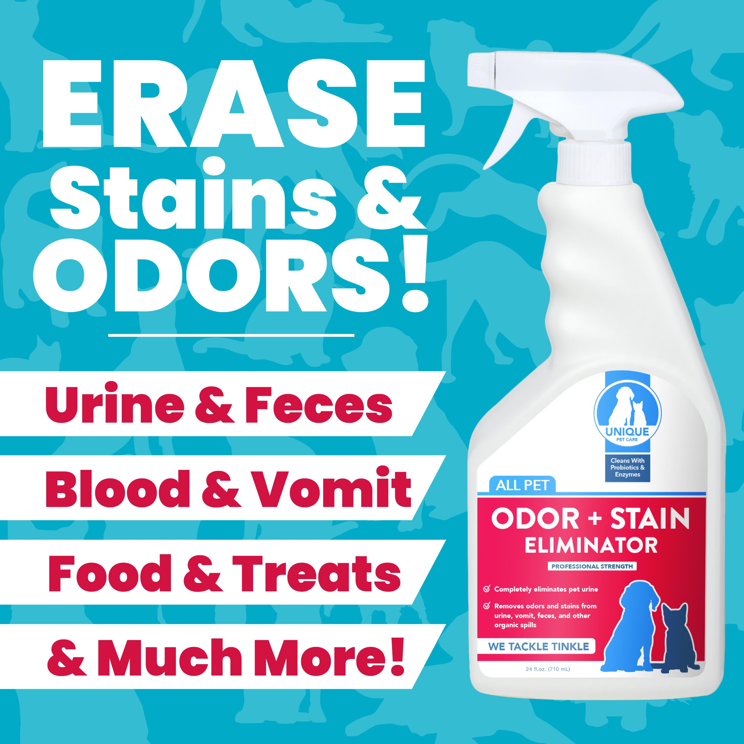 Unique Ready-To-Use Spray 24oz label highlights convenient pet mess cleanup.
