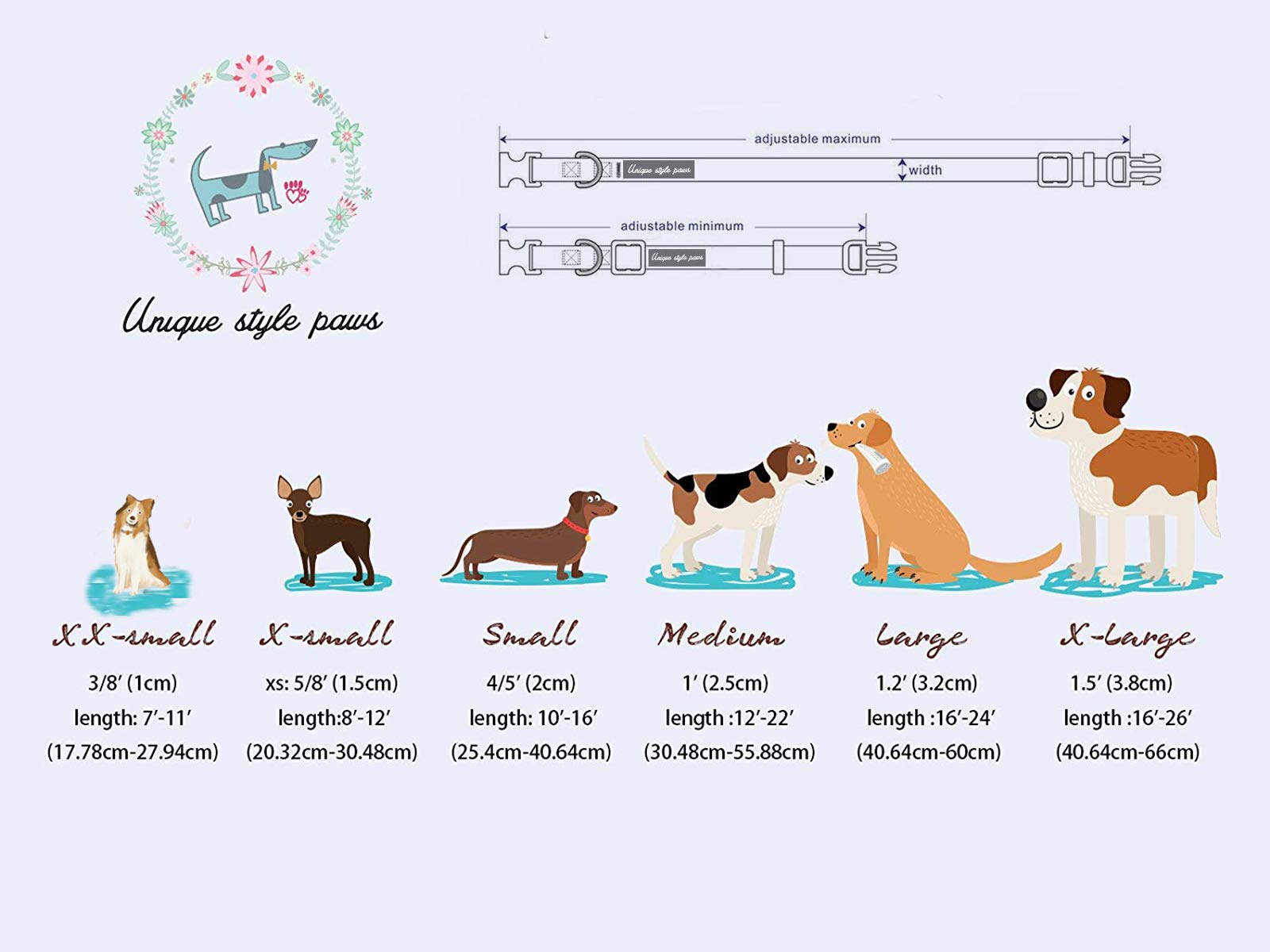 Unique Style Paws adjustable sizing from XXS to larger fits for many dogs.