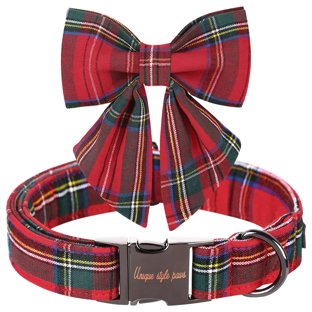 Unique Style Paws Christmas dog collar with bow tie in red plaid, comfortable for holiday photos.