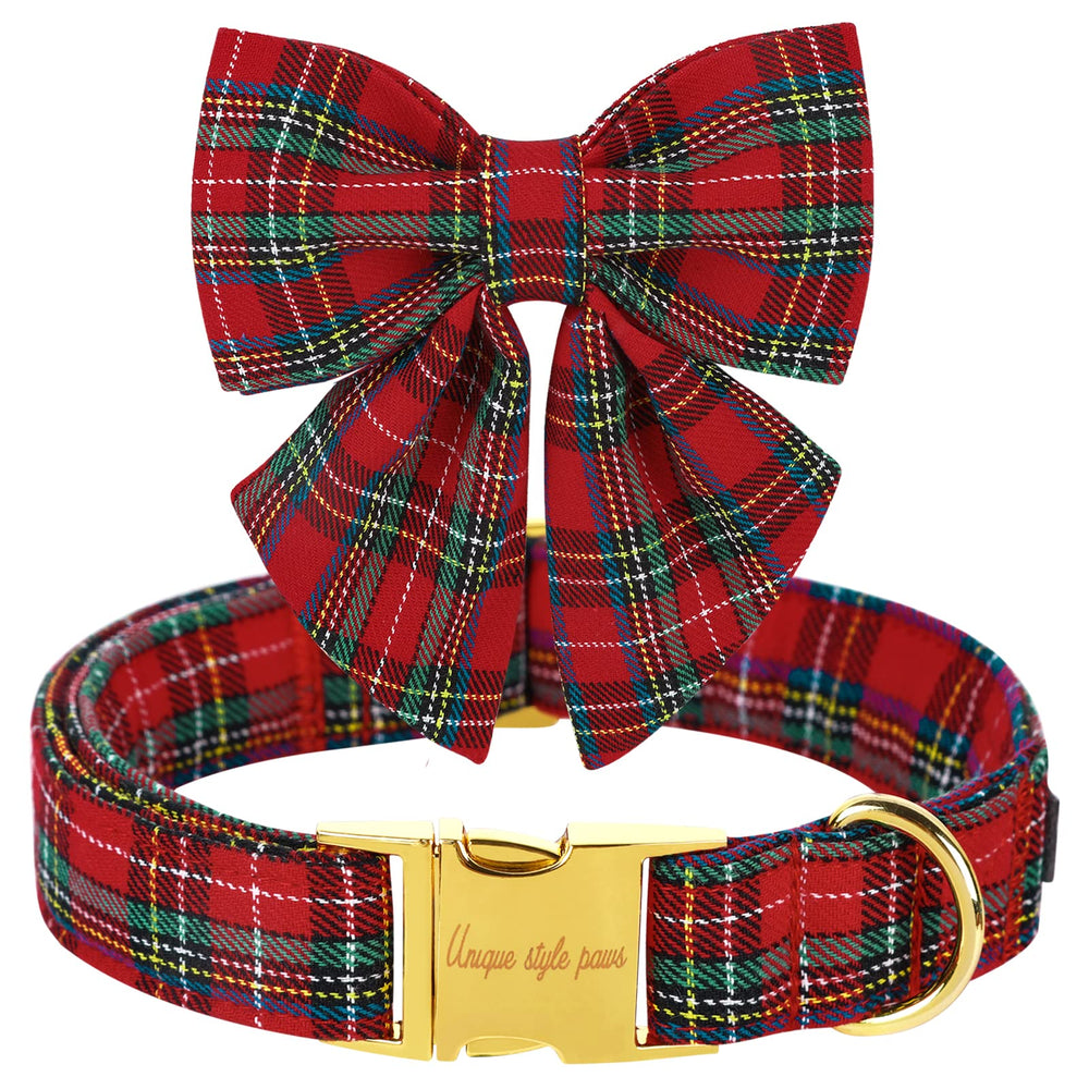 Unique Style Paws Christmas dog collar with bow tie in Scottish plaid for festive style.