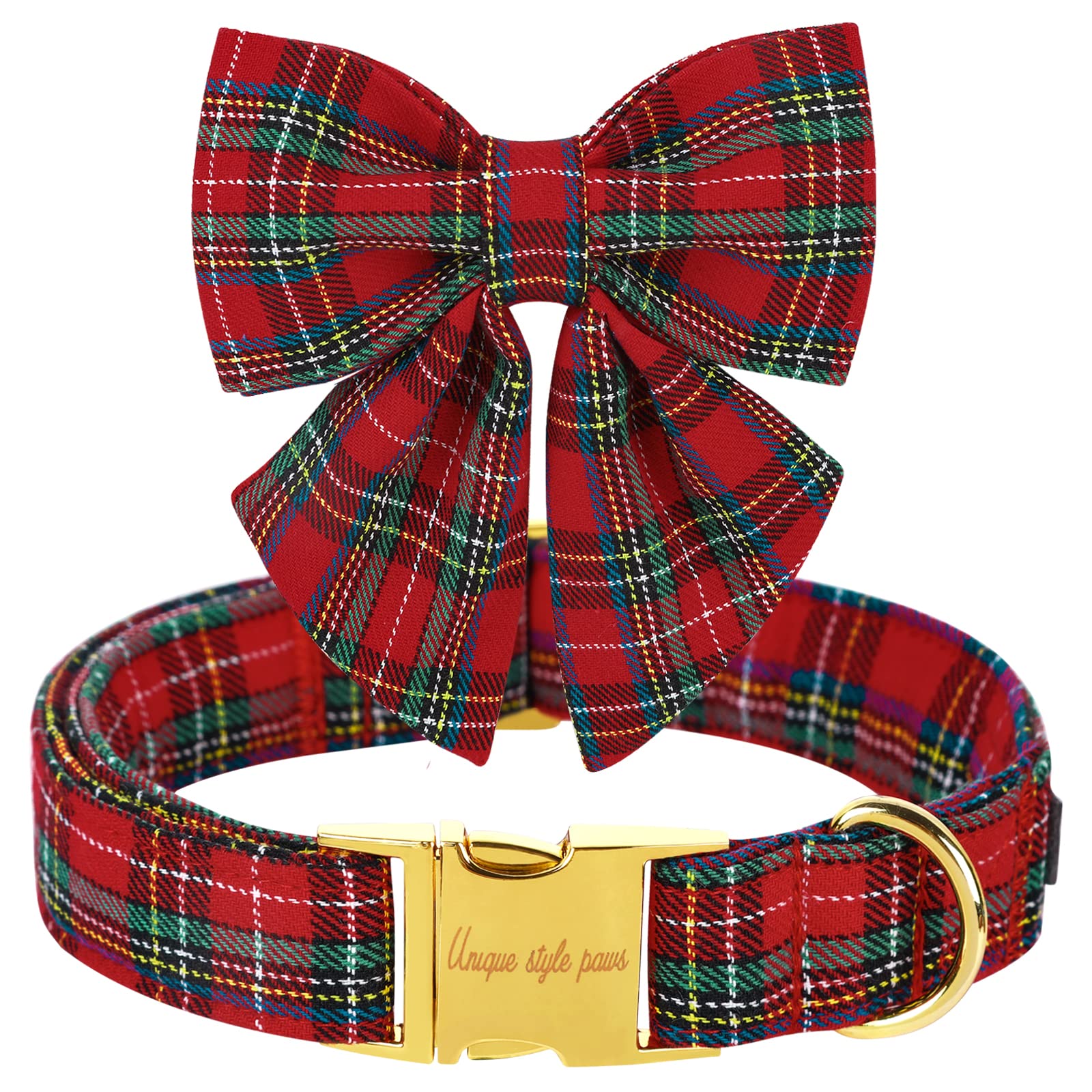 Unique Style Paws Christmas dog collar with bow tie in Scottish plaid for festive walks.