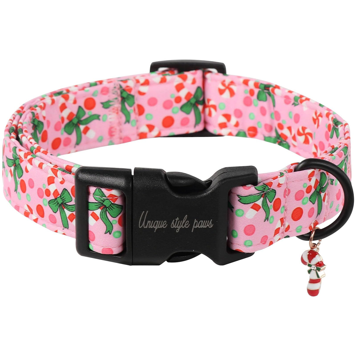 Unique Style Paws Christmas Collar pink candy cane close-up shows adjustable, soft cotton comfort for dogs.