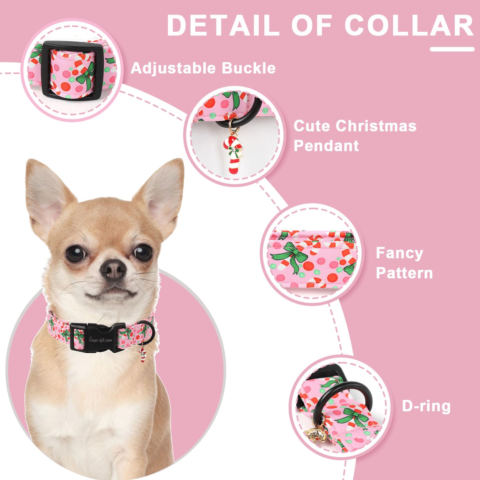 Unique Style Paws Christmas Collar adjustable buckle ensures secure, lightweight wear.