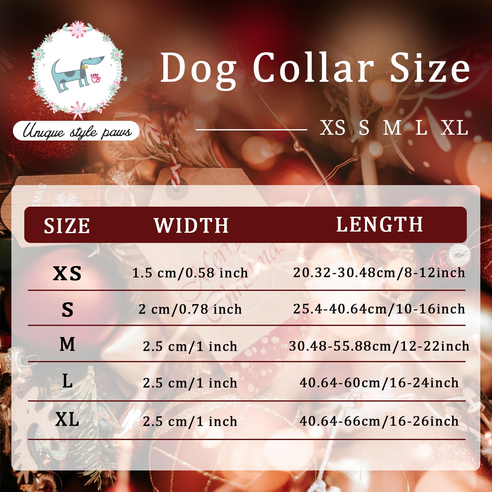 Unique Style Paws Christmas Collar size-ready design for small to large dogs.