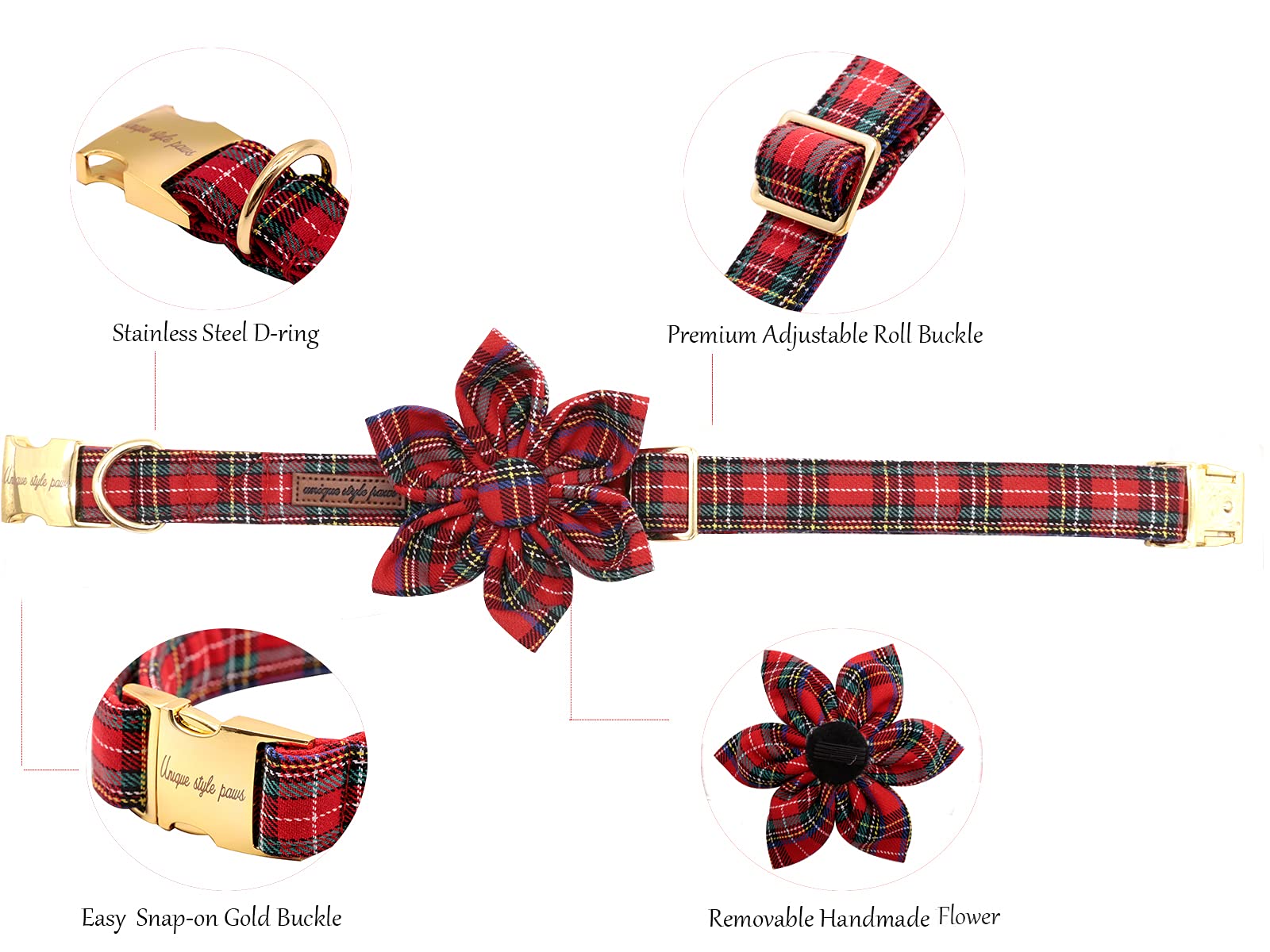 Unique Style Paws Christmas Grid Dog Collar flower detail highlights detachable decoration