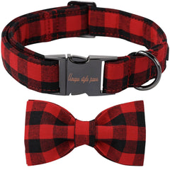 Unique Style Paws cotton dog collar with bow in black red plaid for comfortable everyday wear.