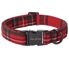 Unique style paws dog collar with red plaid and metal buckle for secure daily wear during walks.