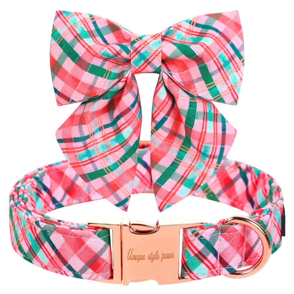 Unique Style Paws dog collar with tie in pink-green plaid front view for holiday-ready style