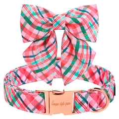 Unique Style Paws dog collar with tie in pink-green plaid front view for holiday-ready style