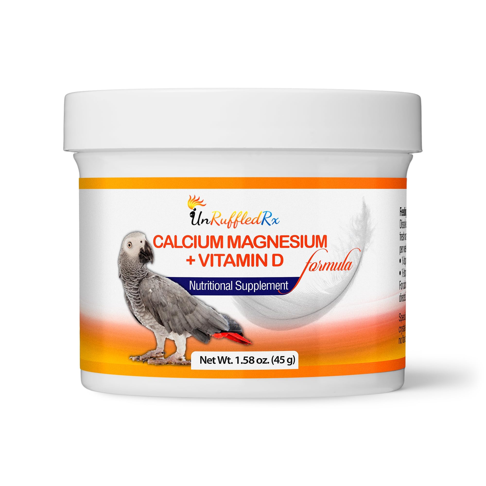 UnRuffledRx Bird Calcium Plus bottle promotes strong bones and vibrant feathers.