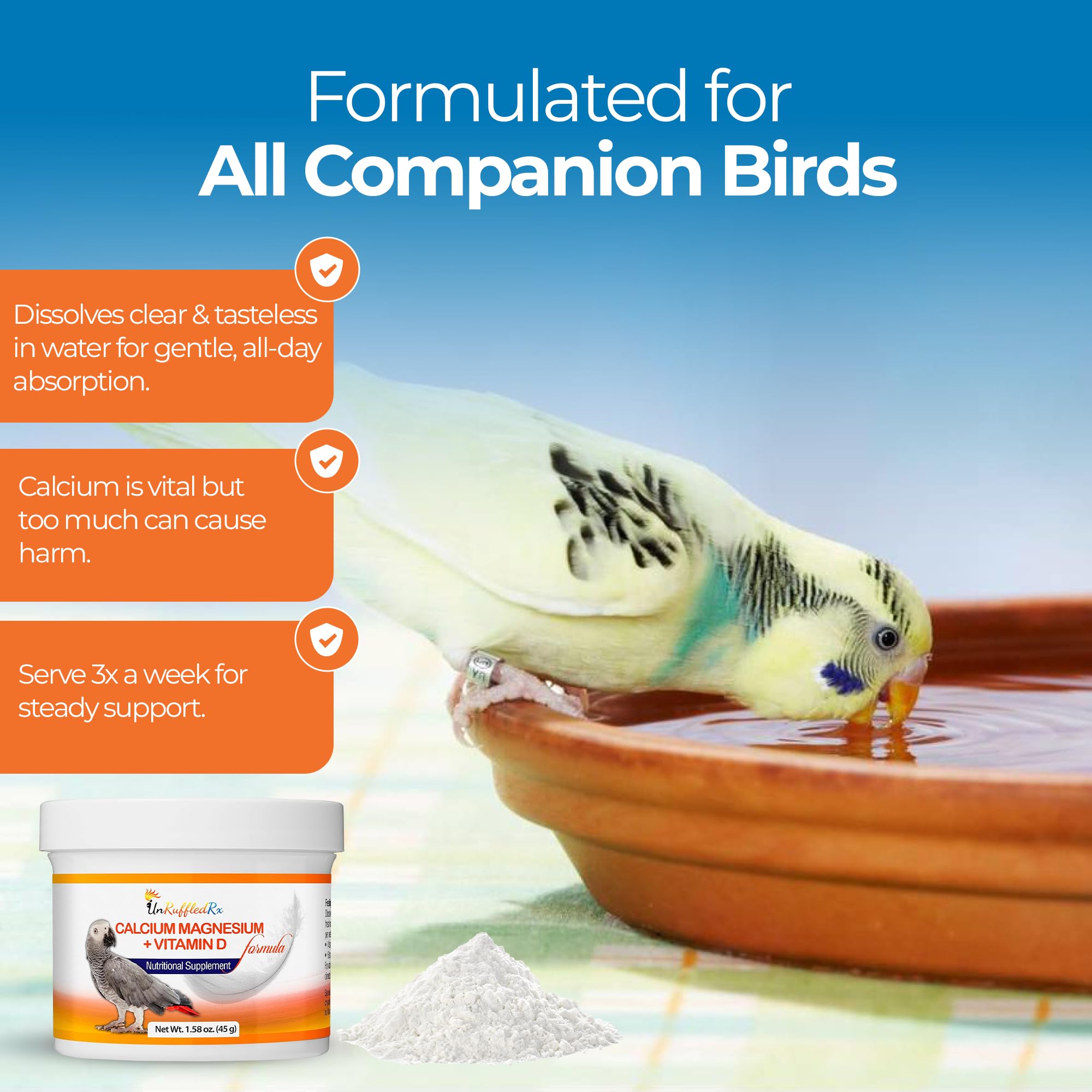 UnRuffledRx Bird Calcium Plus produced in USA in FDA-registered facilities.