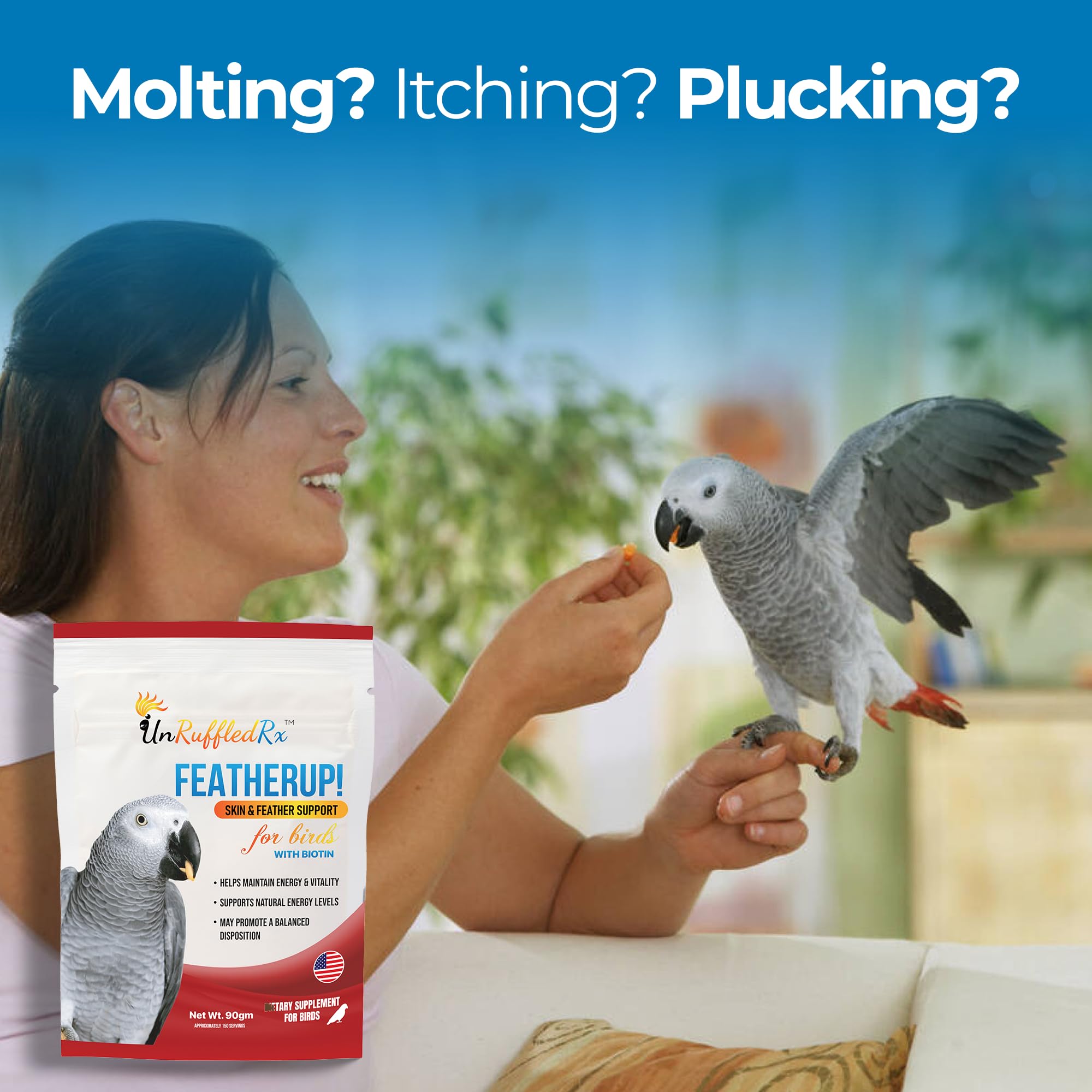 UnRuffledRx FeatherUp! dosing scoop shown for controlled molting support portions.