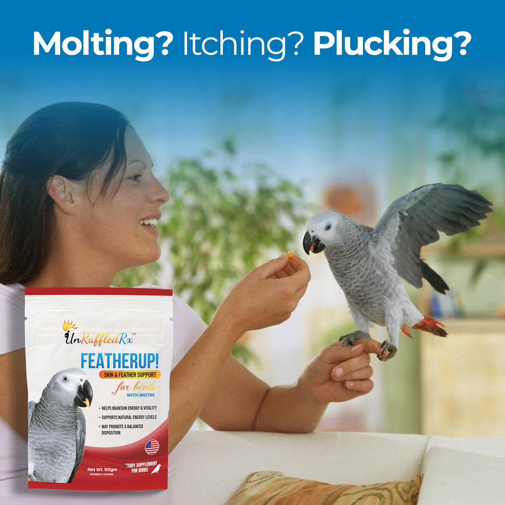 UnRuffledRx FeatherUp! dosing scoop shown for controlled molting support portions.