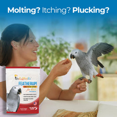 UnRuffledRx FeatherUp! dosing scoop shown for controlled molting support portions.