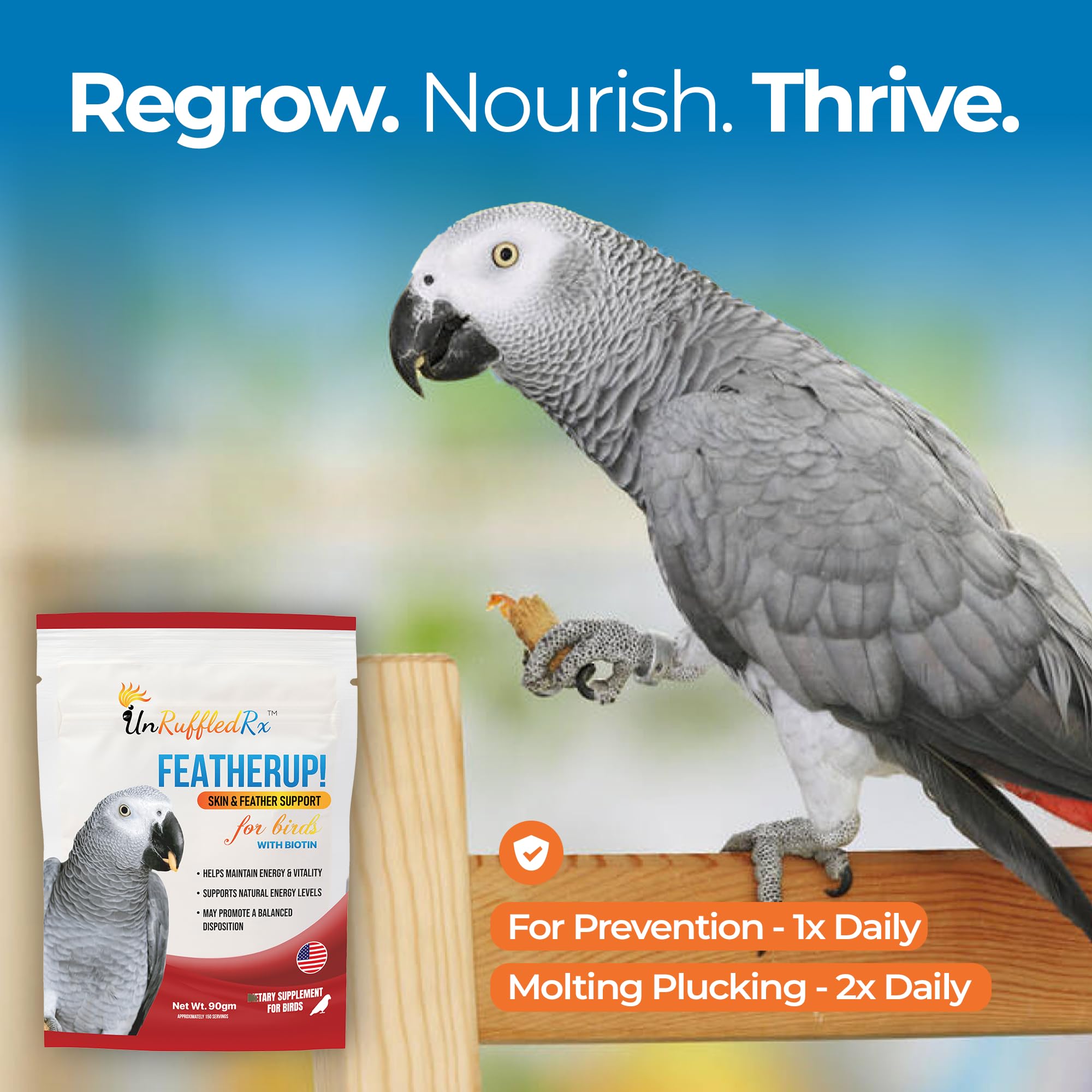 UnRuffledRx FeatherUp! Omega-3 image suggests vibrant plumage and overall wellness.