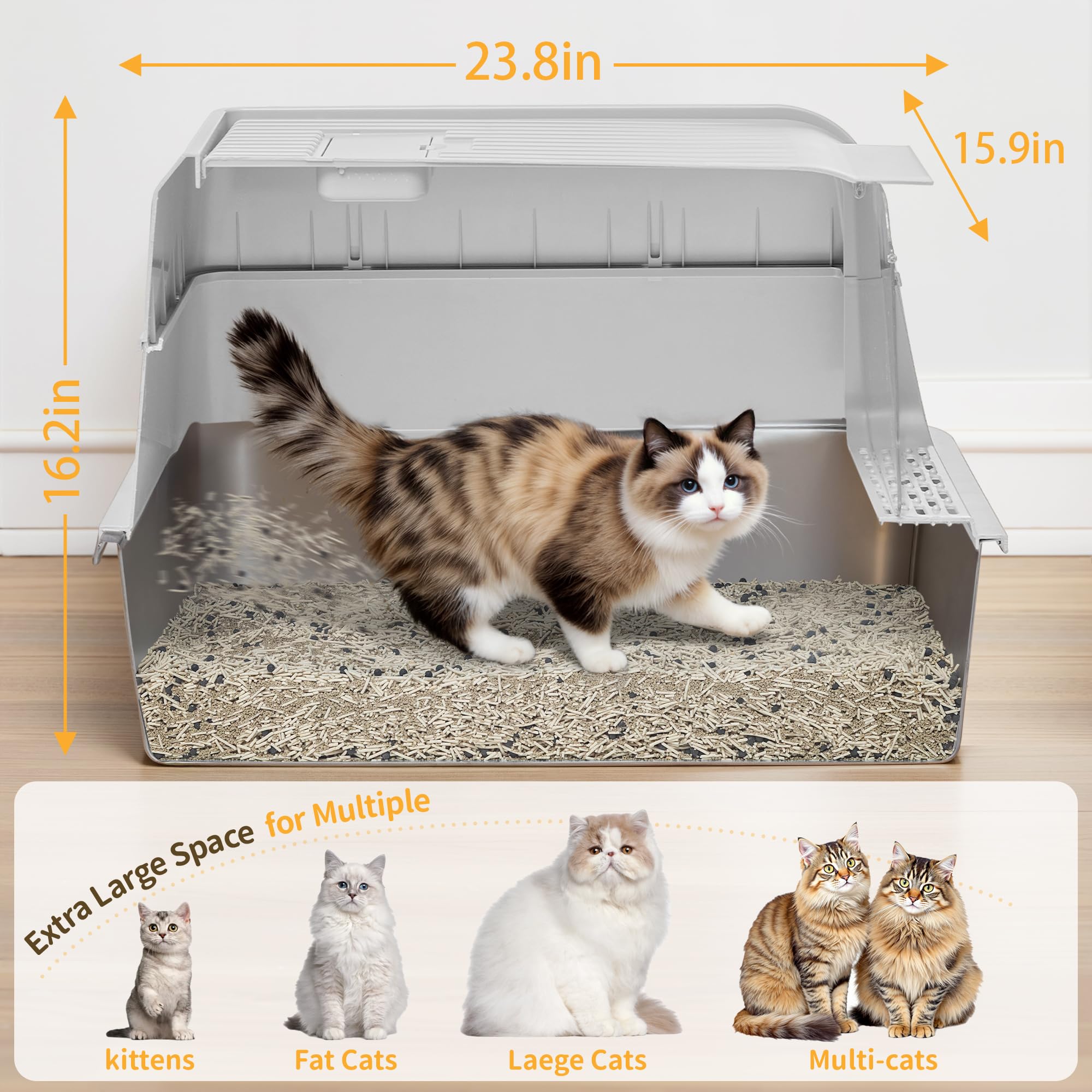 UNZIPE stainless steel litter box with 180-degree lid allows easy daily cleaning.