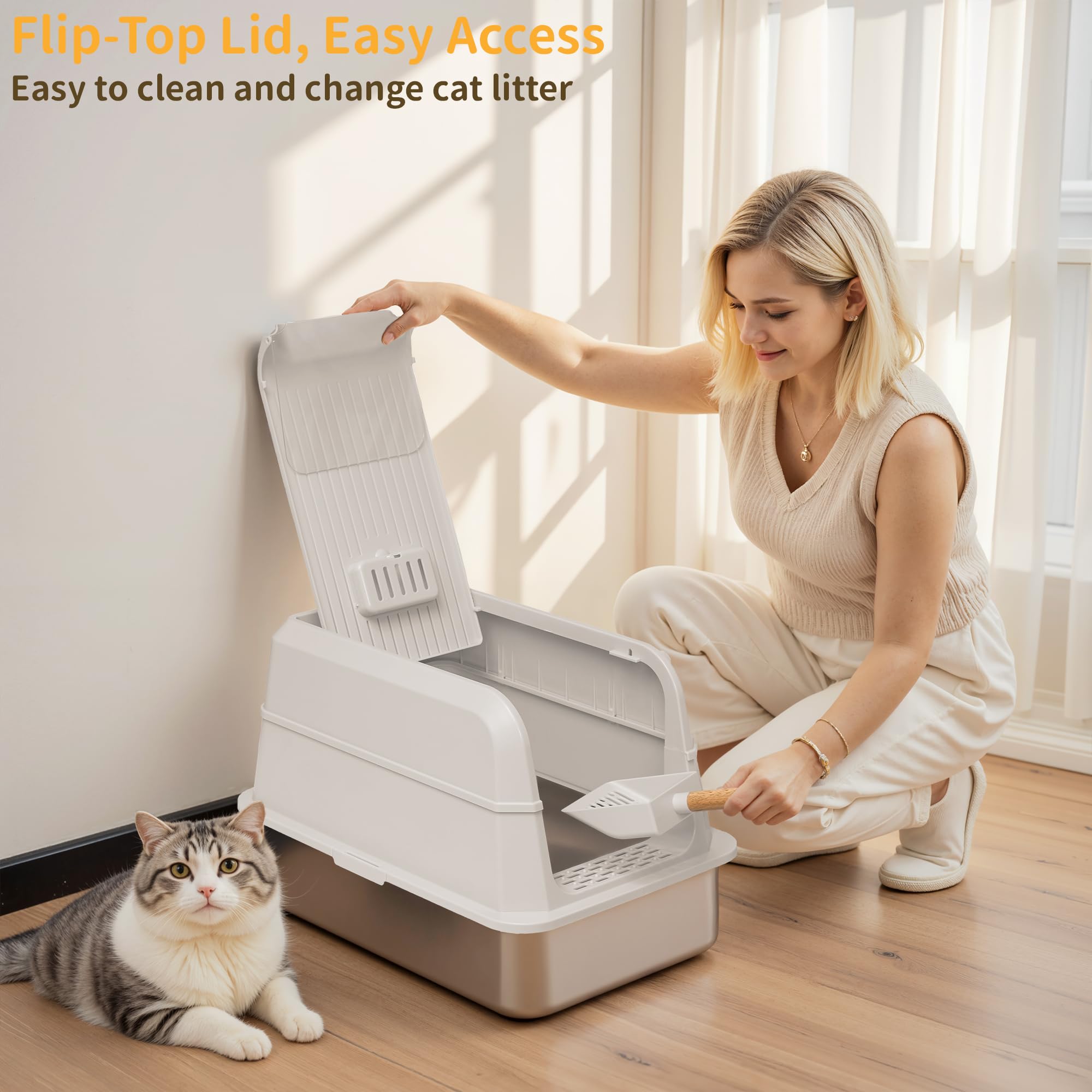 UNZIPE litter box includes scoop with holder for quick cleanup.
