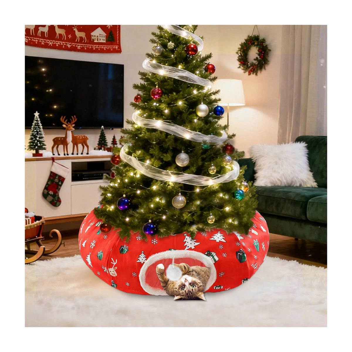 Uoiispet cat tunnel bed under Christmas tree skirt offers cozy holiday hideaway.