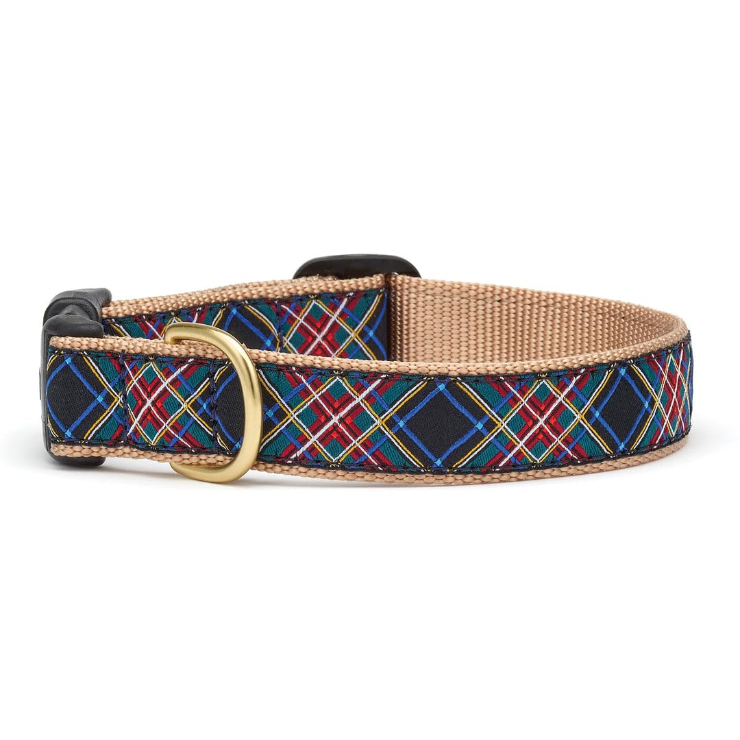 Up Country black tartan dog collar close-up showing durable nylon webbing and brass hardware for everyday wear.