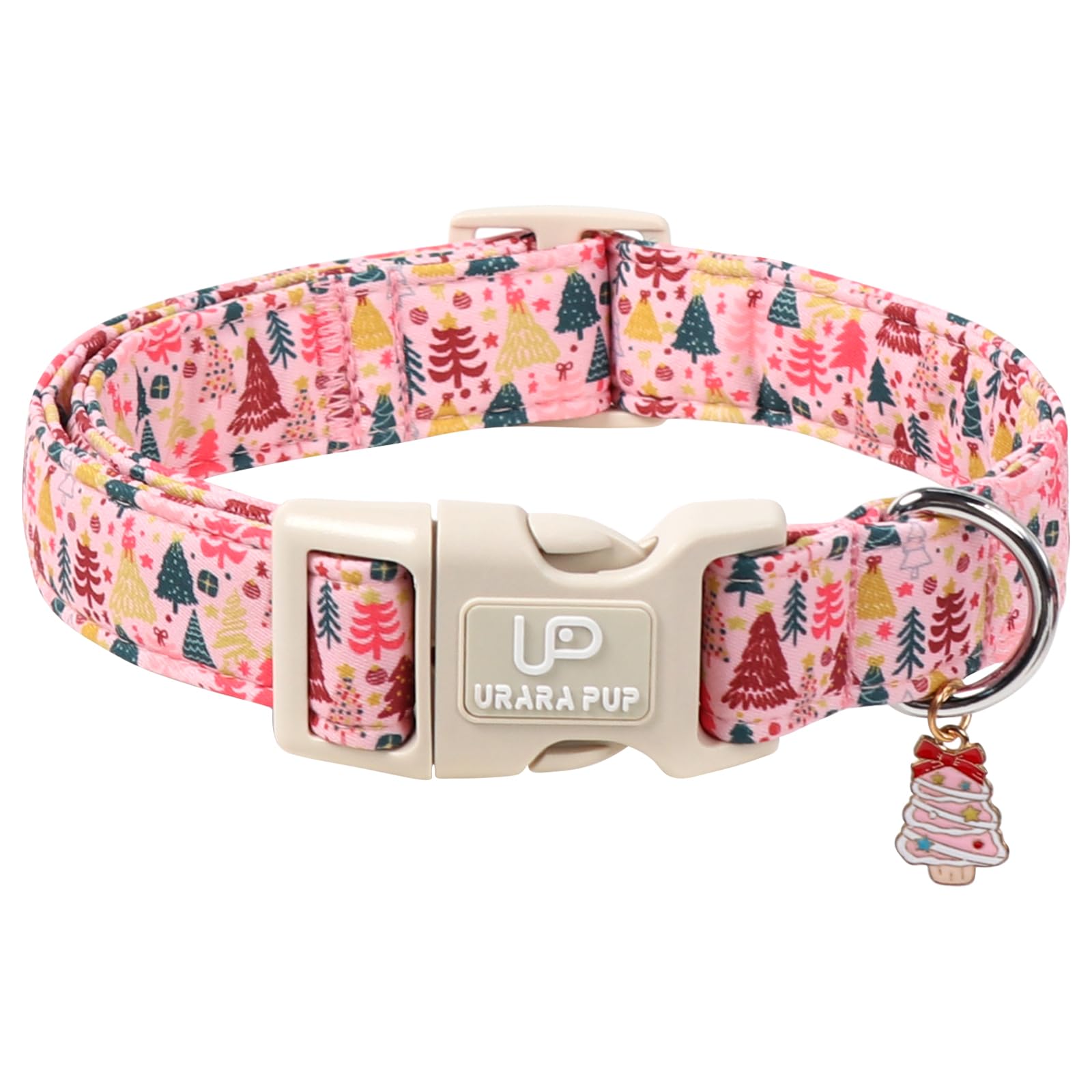 UP URARA PUP Christmas dog collar with pink tree pendant for festive photos.