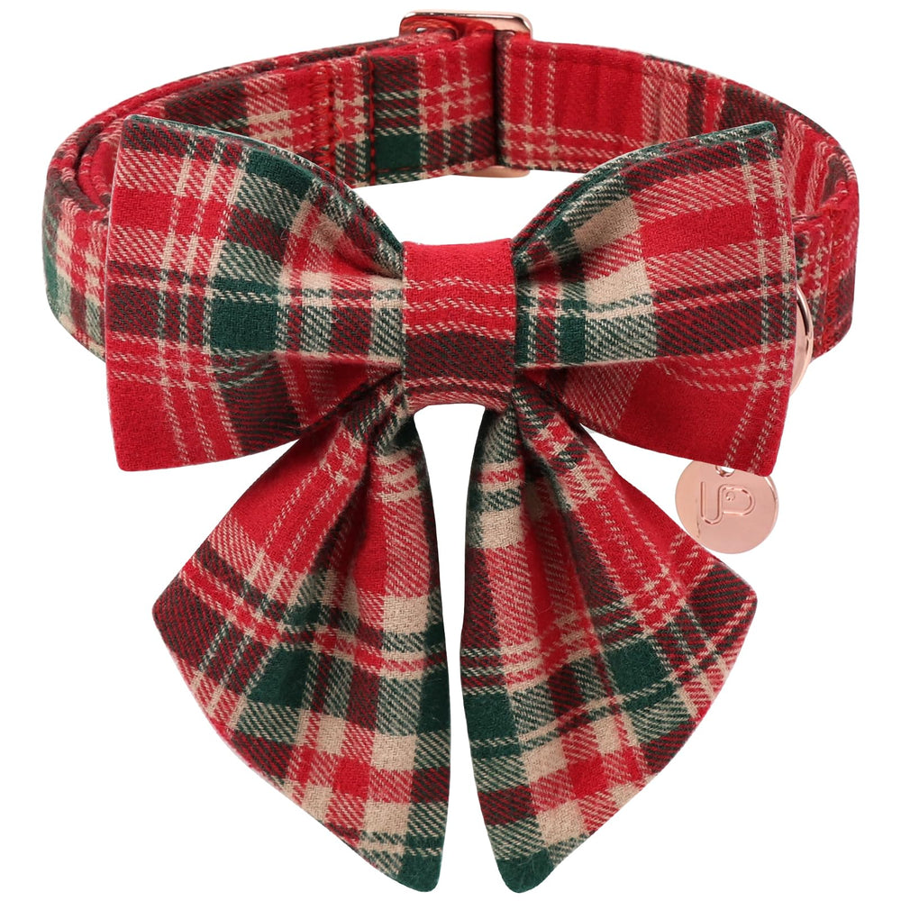 UP URARA PUP Christmas plaid dog collar with festive pattern for holiday walks.