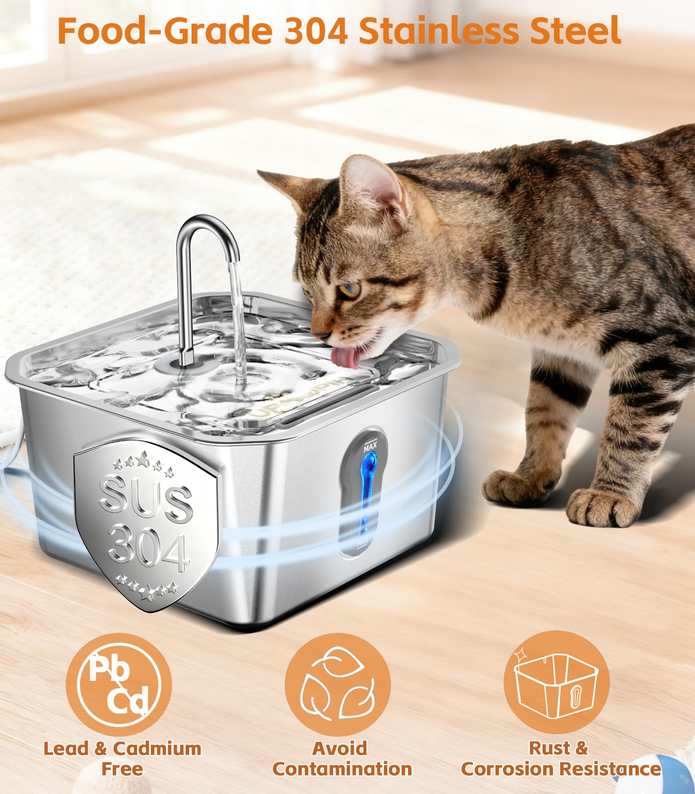 UPAWPIA cat fountain with 3-stage filtration for cleaner water.