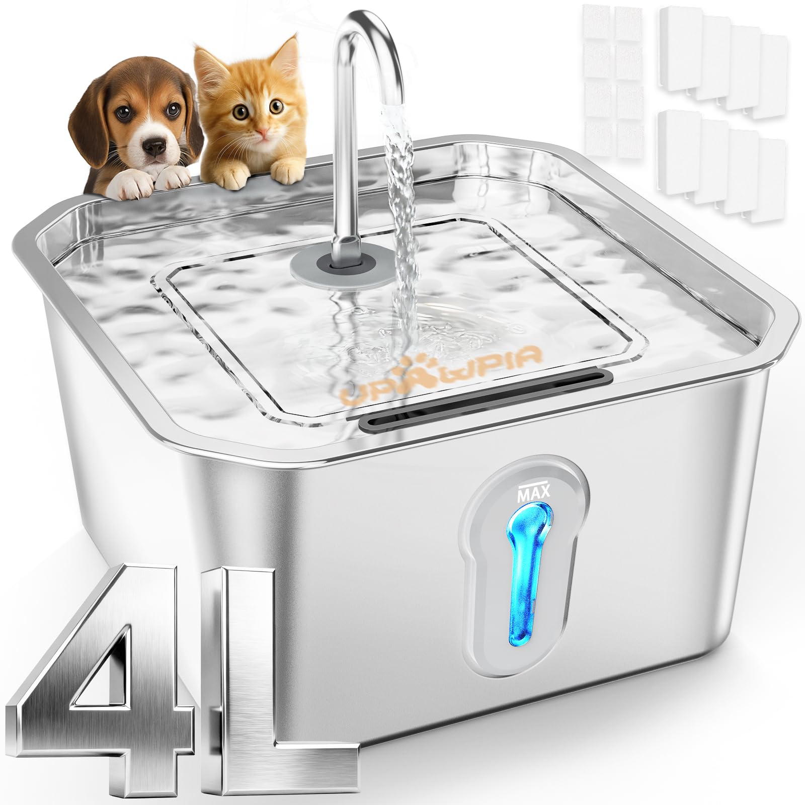 UPAWPIA cat water fountain 4L capacity highlights durable stainless steel for reliable hydration