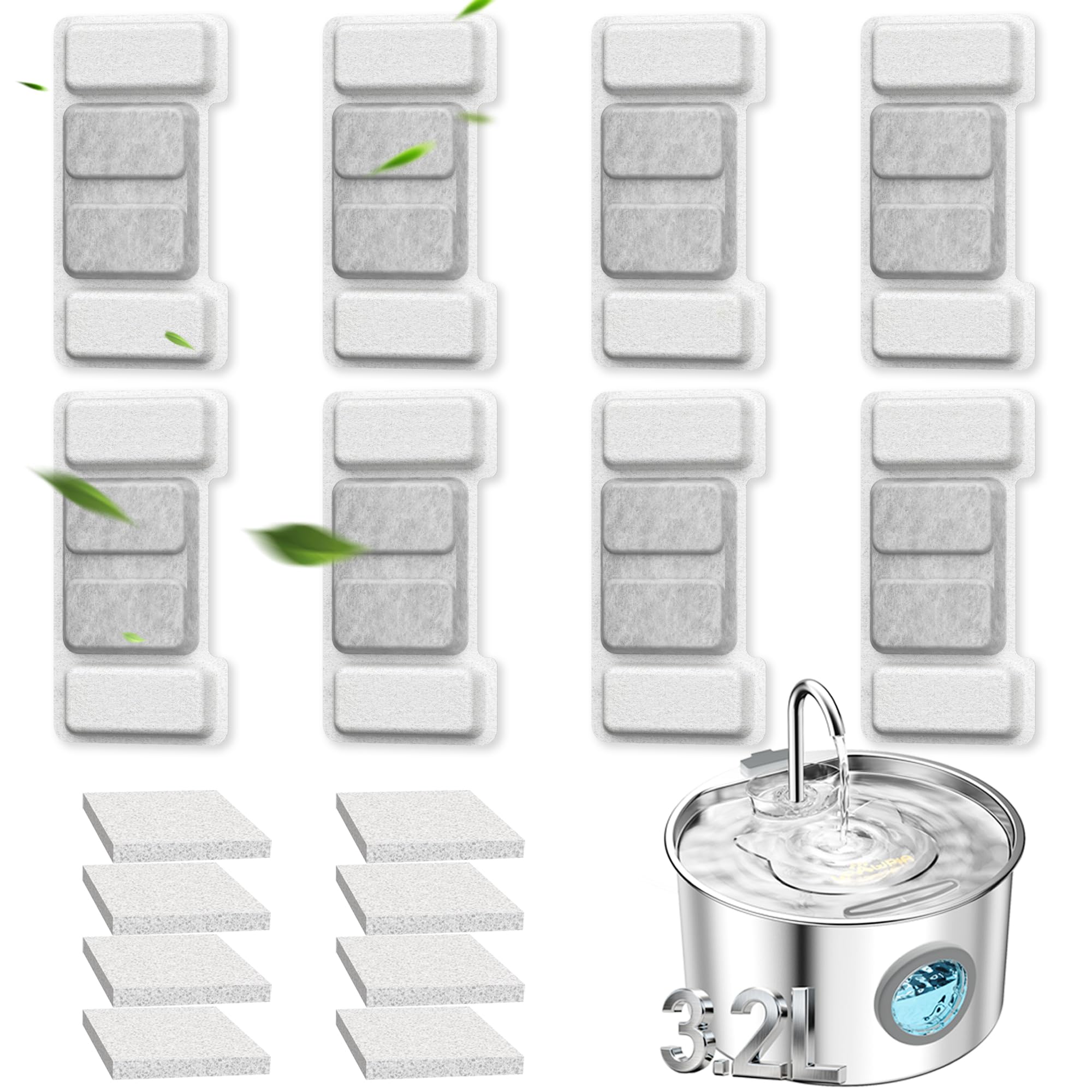 UPAWPIA cat fountain filter replacement package with eight filters and sponges for clean water.