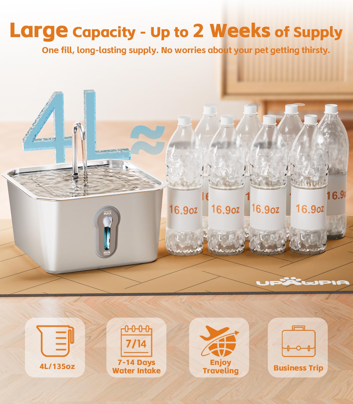 UPAWPIA quiet pump at 25 dB for peaceful home use.