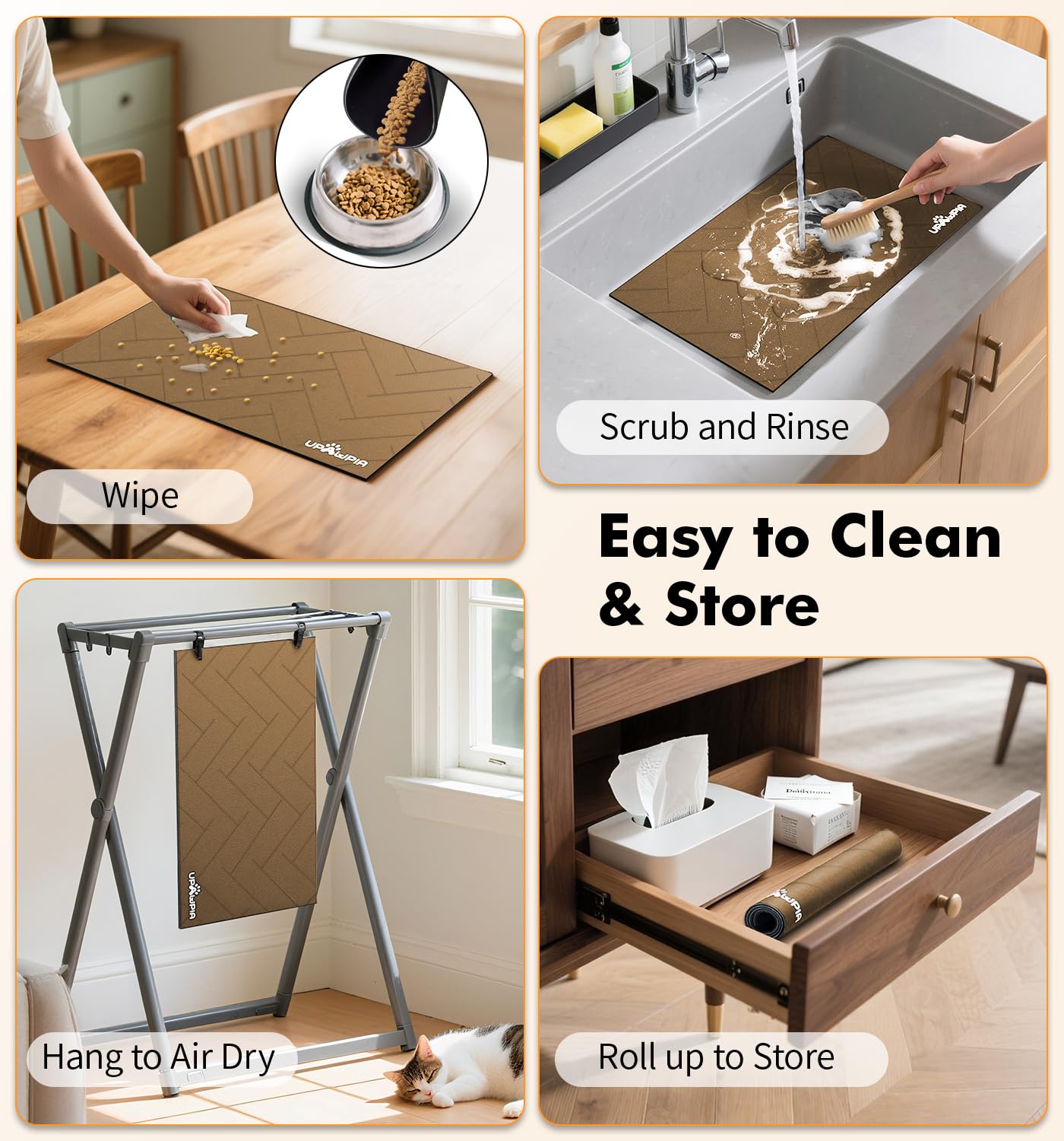 UPAWPIA pet food mat stain-resistant construction resists wear and stays neat.