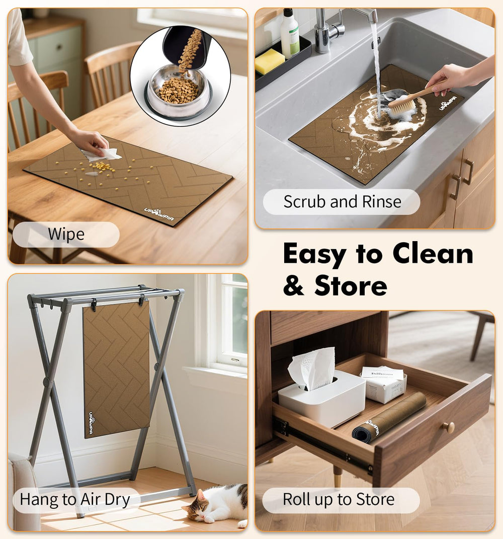 UPAWPIA pet food mat stain-resistant construction resists wear and stays neat.