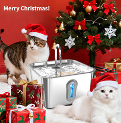 UPAWPIA stainless steel cat fountain seen from top, rust-proof and easy to clean.