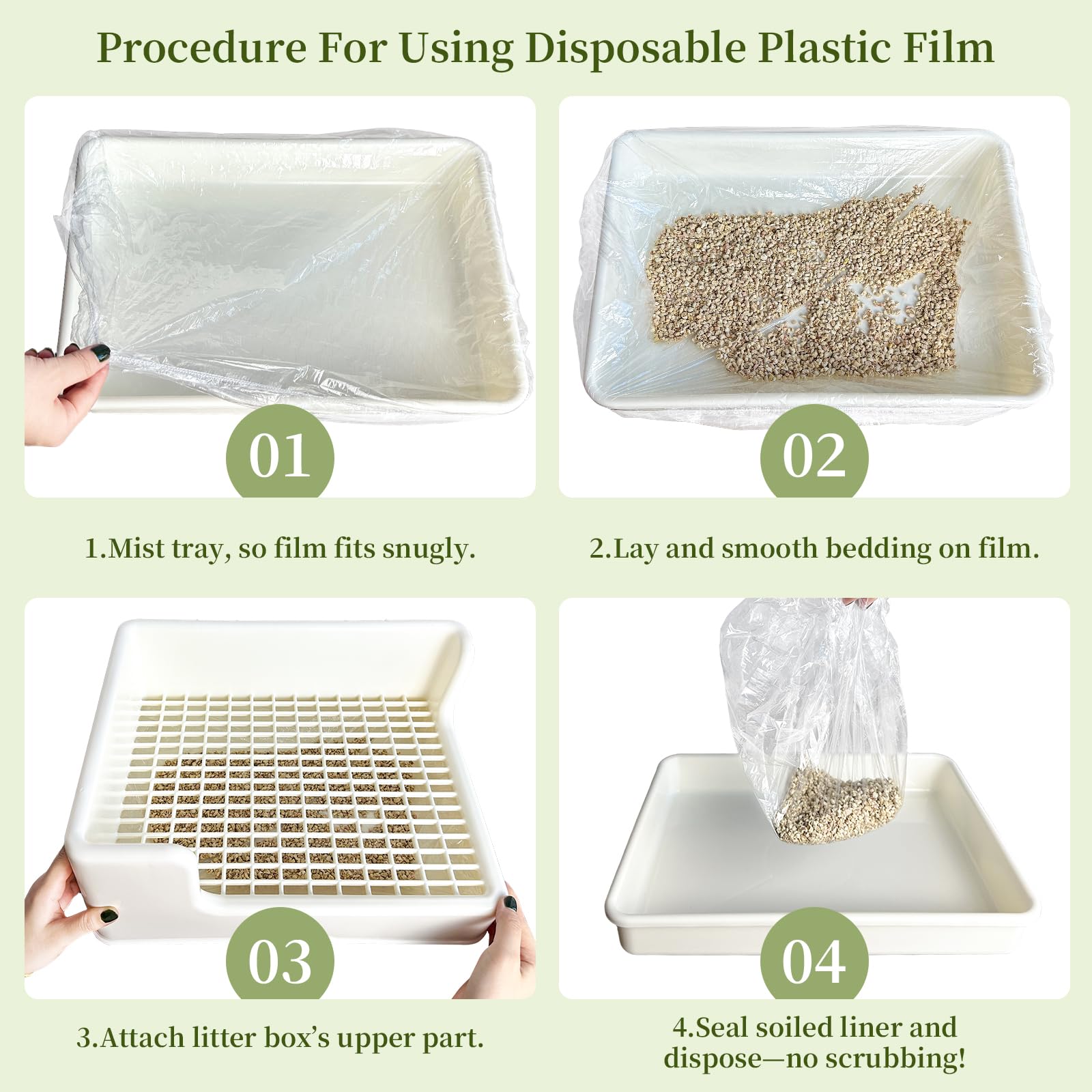 Upcessory film liner on a pet tray demonstrating easy disposal and cleanup