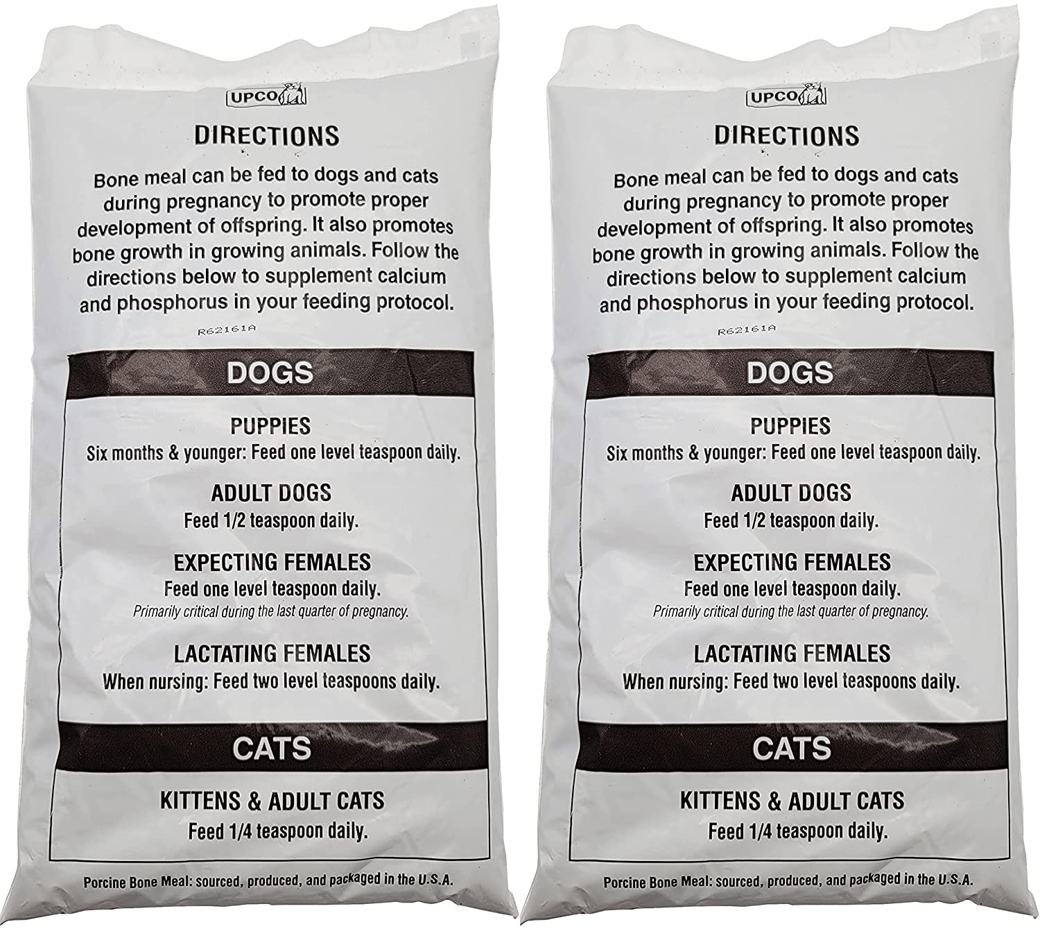 UPCO bone meal ingredients label highlights porcine bone meal and USA sourcing for trusted nutrition.