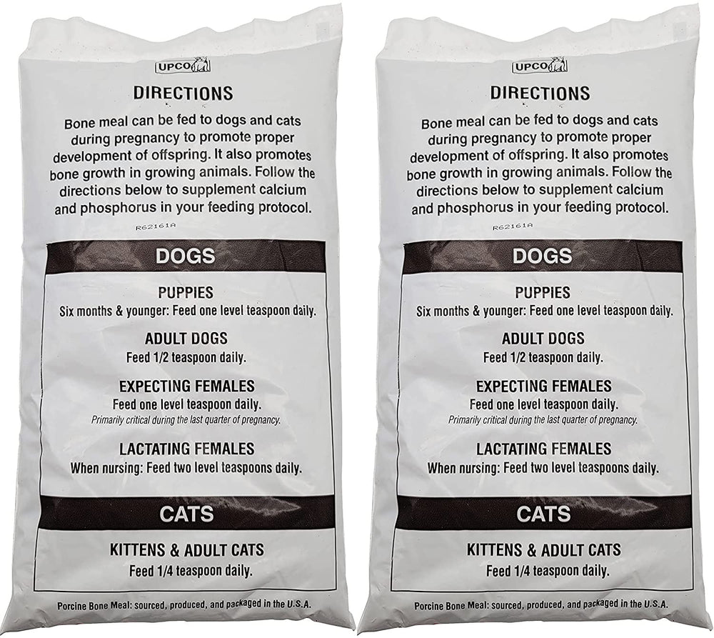 UPCO bone meal ingredients label highlights porcine bone meal and USA sourcing for trusted nutrition.