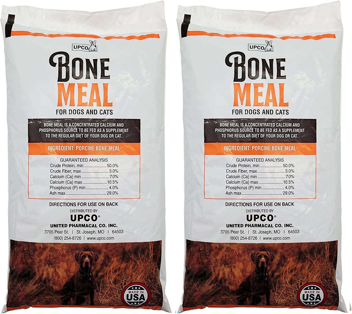 UPCO bone meal two-bags packaging showing two 1lb bags of USA-made supplement for balanced calcium and phosphorus.
