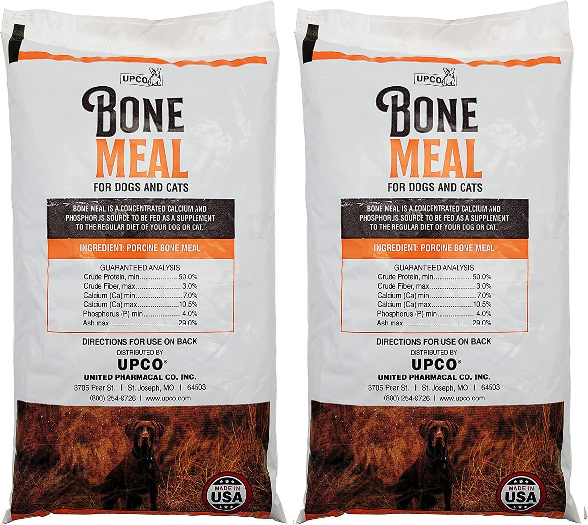 UPCO bone meal two-bags packaging showing two 1lb bags of USA-made supplement for balanced calcium and phosphorus.