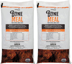 UPCO bone meal two-bags packaging showing two 1lb bags of USA-made supplement for balanced calcium and phosphorus.