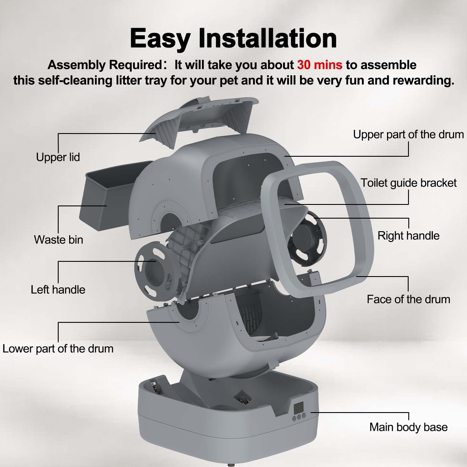 UPFAS front-view grey litter box highlights sleek, modern look