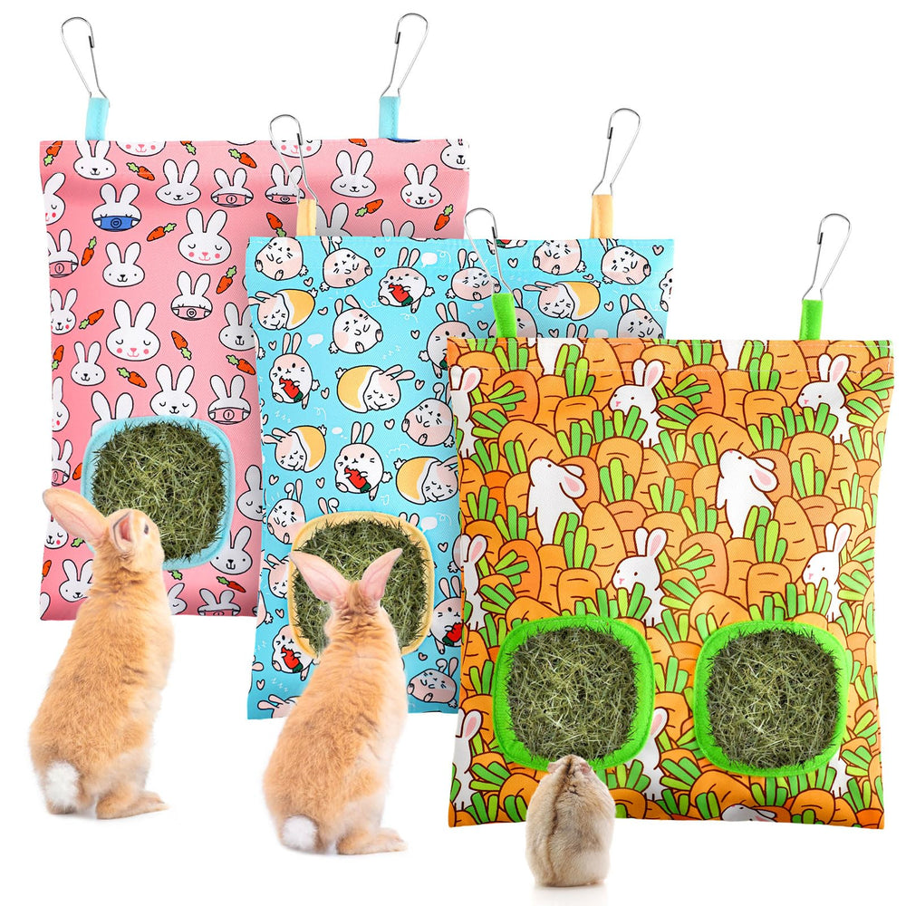 UPINS 3 hay bag for rabbits hanging with two feeding holes.