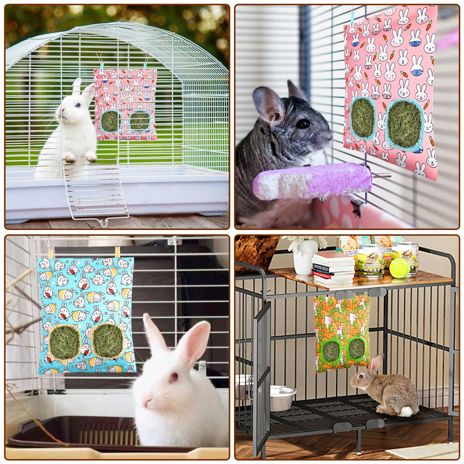 UPINS easy-access hay feeder clips or hangs in cages.