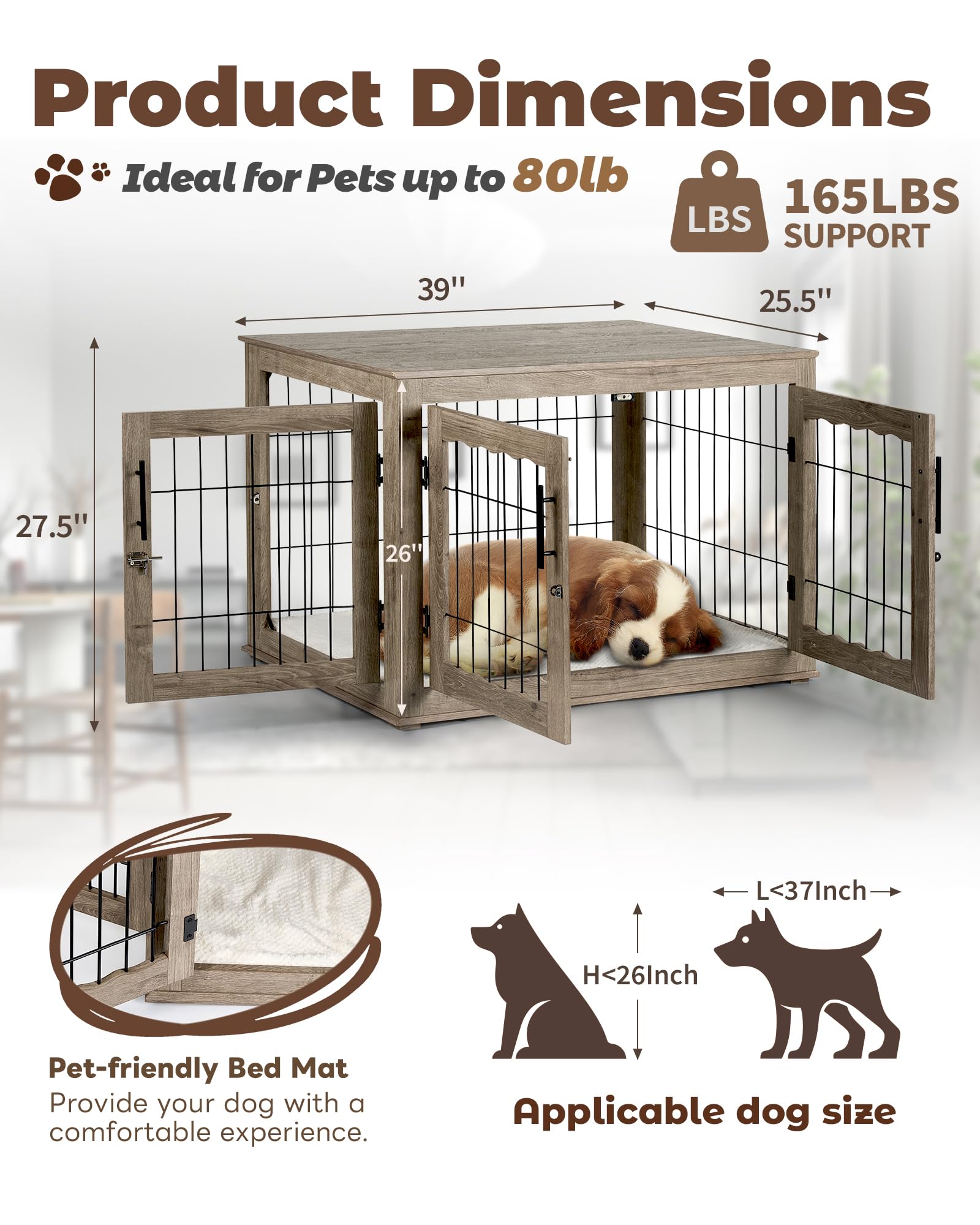 Upolana dog crate furniture three doors enables easy access for pets.