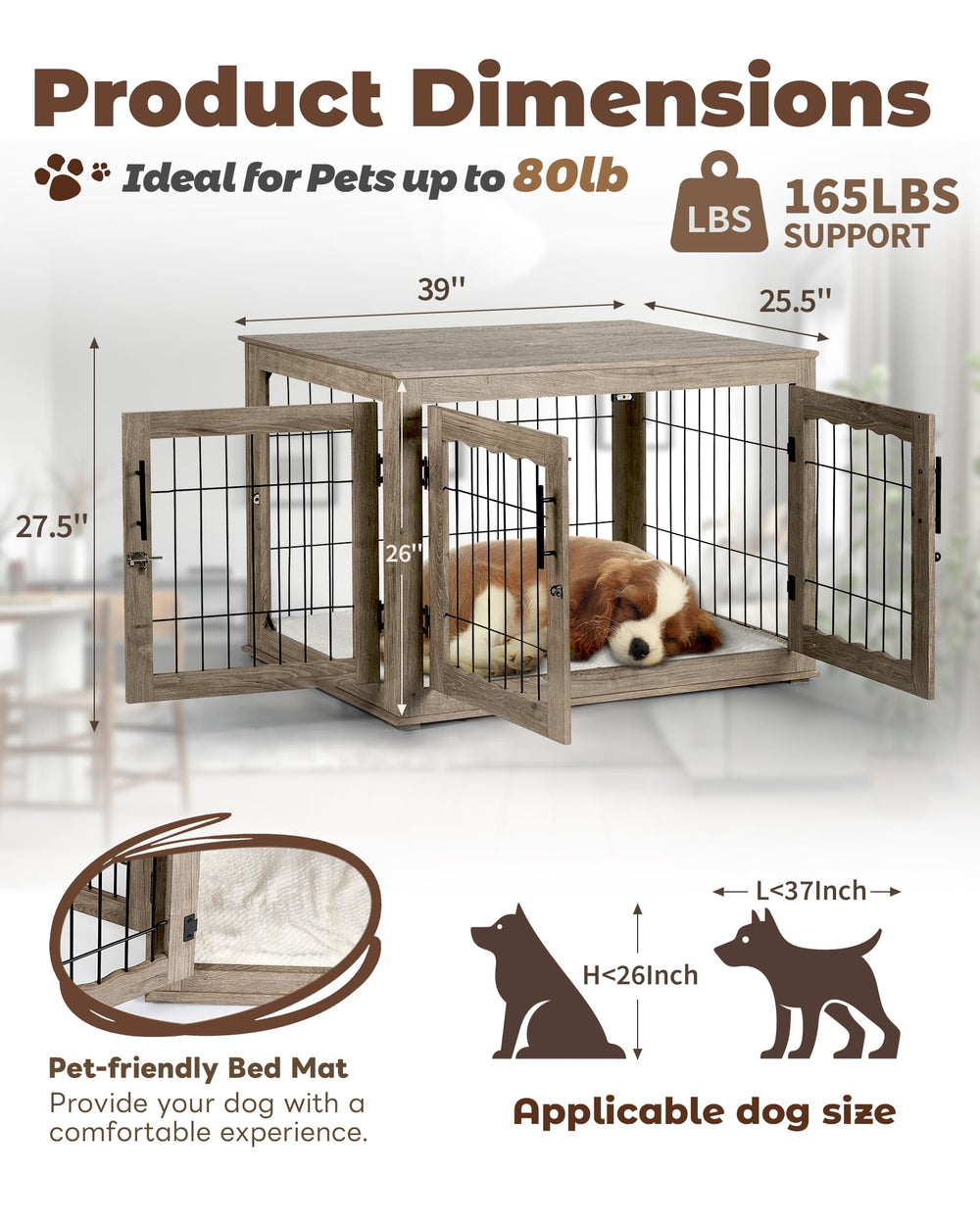Upolana dog crate furniture three doors enables easy access for pets.
