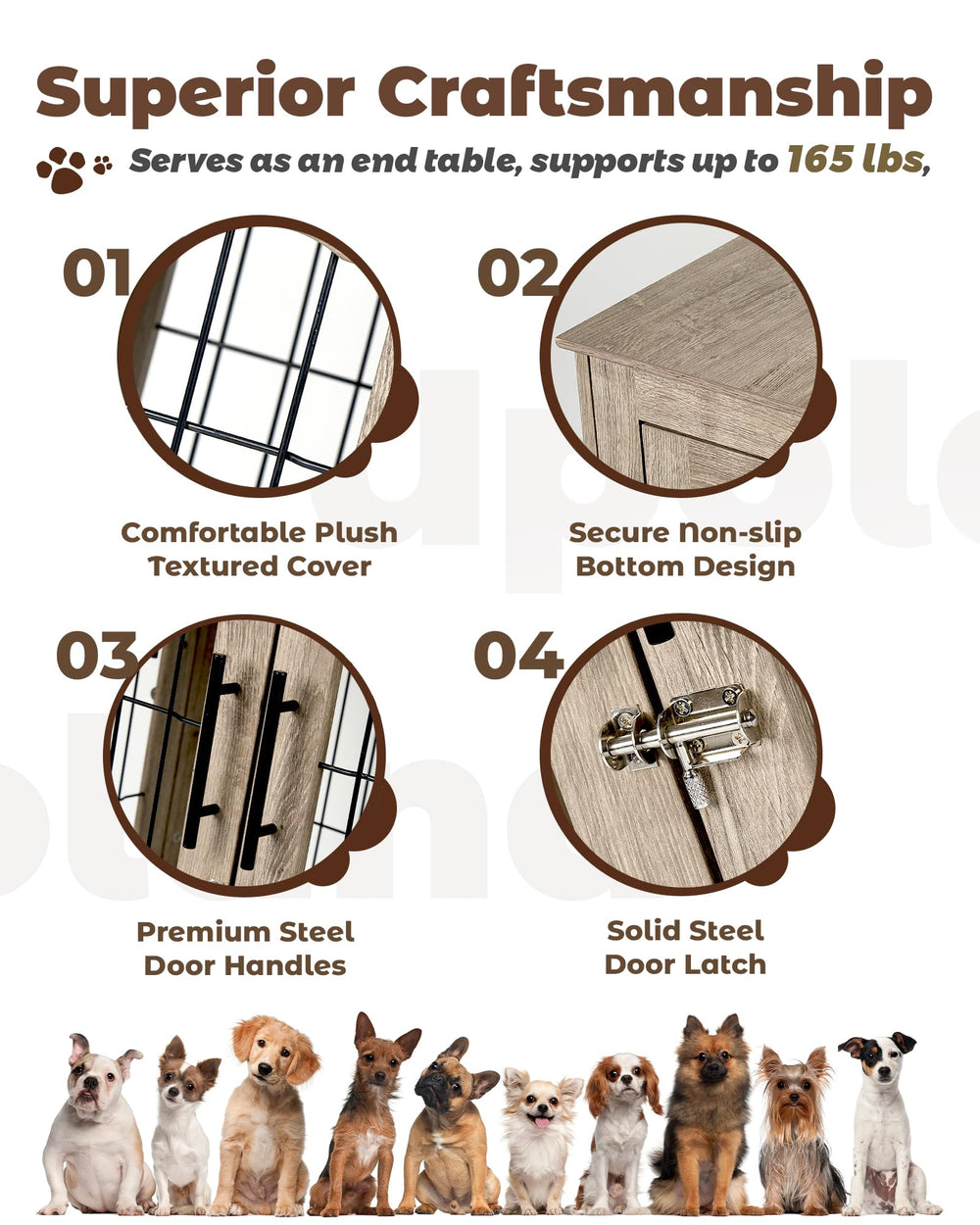 Upolana dog crate furniture bed pad inside provides cozy rest for dogs.