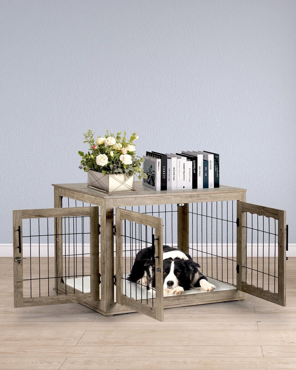 Upolana dog crate furniture interior view with a dog inside shows secure containment.