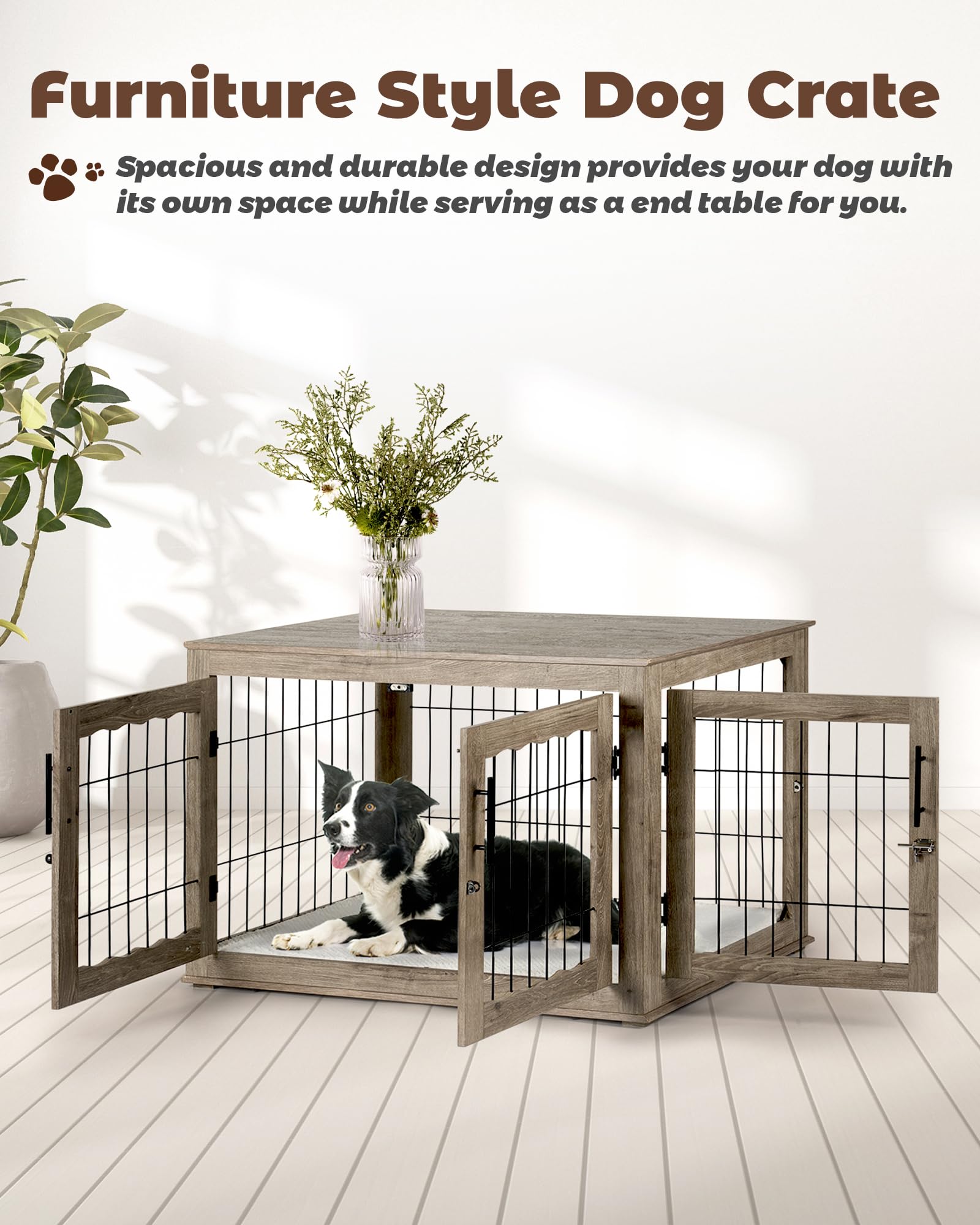 Upolana dog crate furniture greige finish blends with modern interiors.