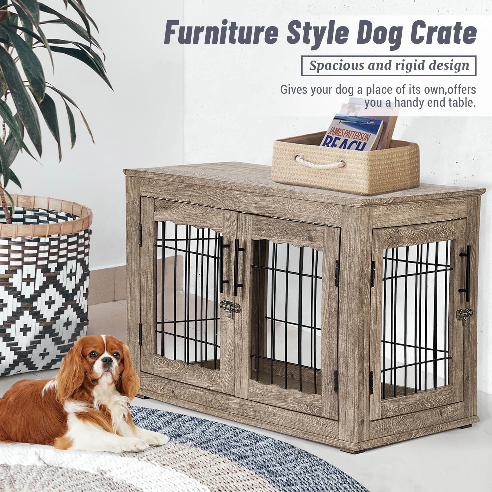 Upolana dog crate furniture greige finish complements diverse decor.