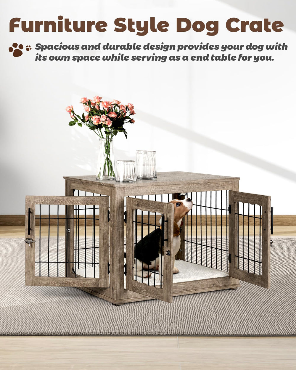 Upolana dog crate furniture pressed wood frame offers sturdy home integration.