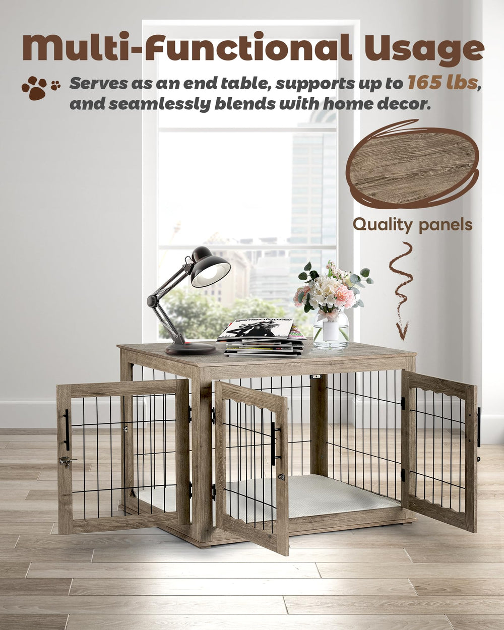 Upolana dog crate furniture side-table use doubles as an end table.