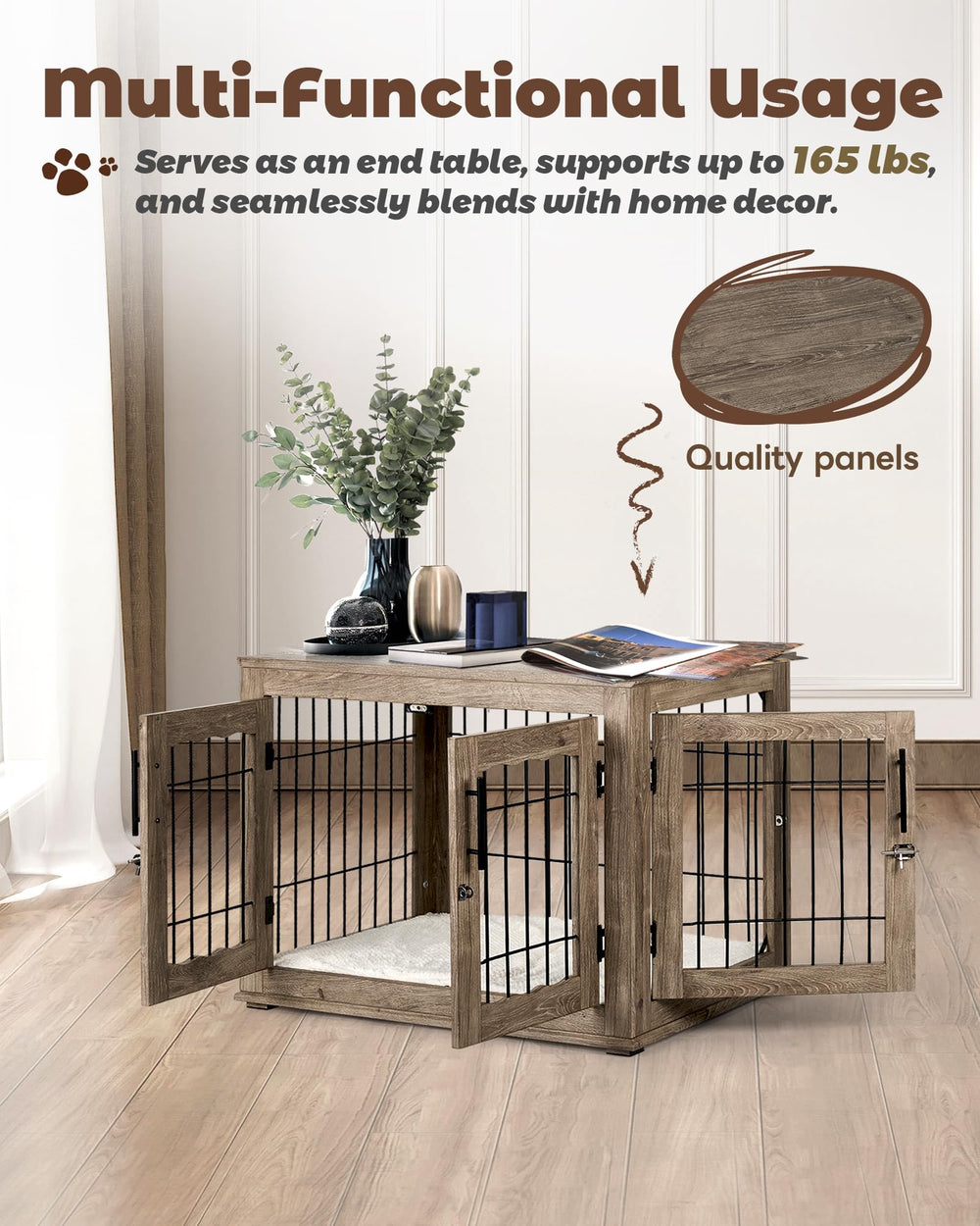 Upolana dog crate furniture ventilated panoramic design promotes calm naps.